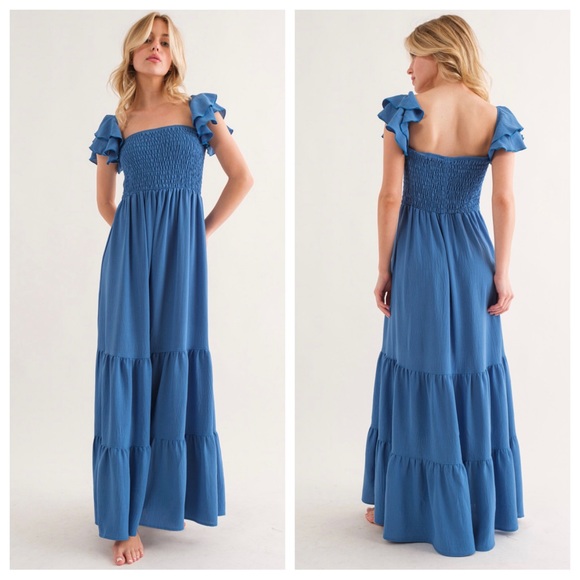 Boho Solid Flared Sleeve Long Tiered Dress - Picture 2 of 5